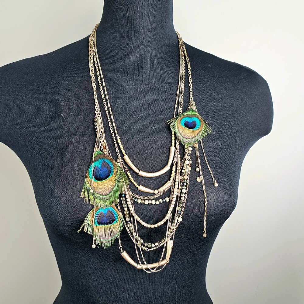 Express Multi-Strand Peacock Feather Statement Ne… - image 3